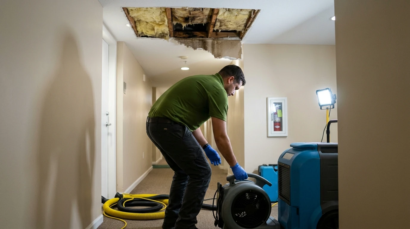 When do you need a plumber instead of a restoration company: who to call for water damage from condo above in Davie